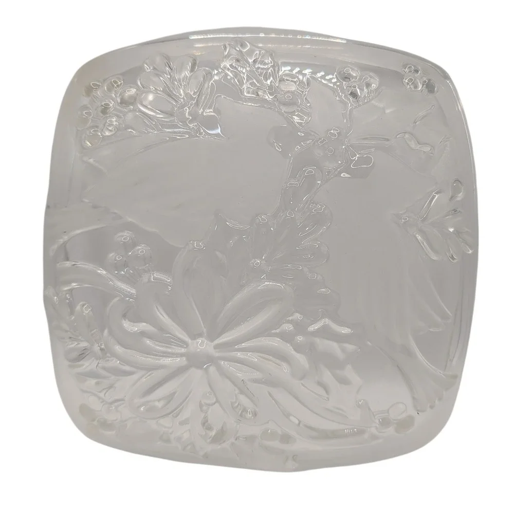 Vintage Gorham Crystal Square Bowl Dish Etched Cardinals Christmas Holly‎ Ribbon